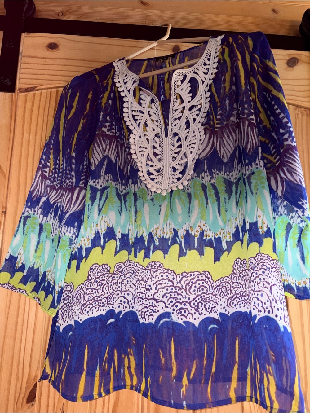 Womyn Blue, Lime & Aqua Patterned Tunic with White Lace Trim